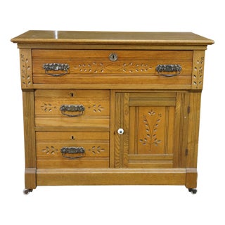 Antique Victorian Era Carved Oak Washstand Cabinet Bedside Chest Console Table For Sale