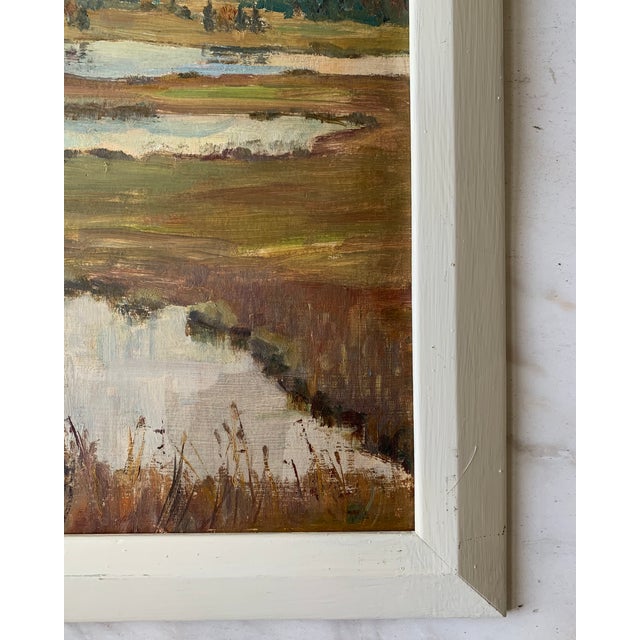 Blue 1948 Framed Oil on Cardboard German Landscape Scene For Sale - Image 8 of 11