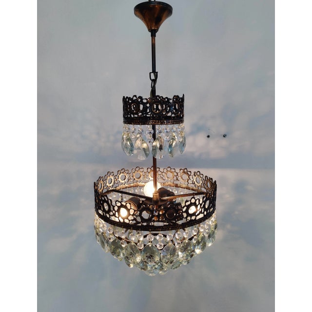 Antique Brass Crystal Basket Chandelier Led Ceiling Light Fixture For Sale - Image 13 of 14