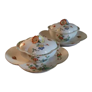 1735-1740 French Chantilly Japanese Kakiemon Style Porcelain Sugar Tureens & Trays - A Pair