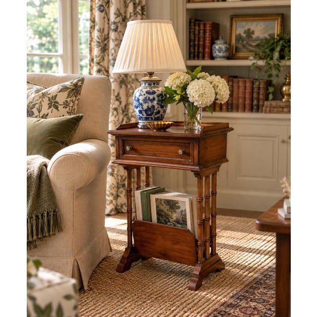A wonderfully useful mid-20th-century side table by Brandt Furniture, crafted in warm walnut with faux-bamboo supports, a...