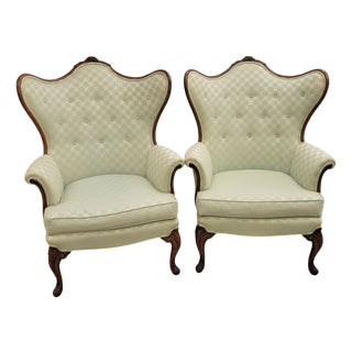 Vintage French Louis XV Style Carved Wood Wingback Bergère Chairs in Pale Green Damask – Pair For Sale