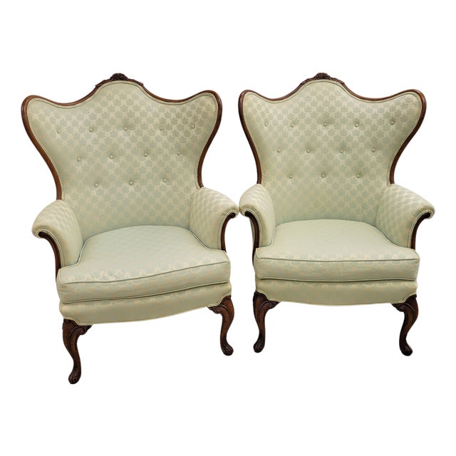 Vintage French Louis XV Style Carved Wood Wingback Bergère Chairs in Pale Green Damask – Pair For Sale