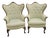 Vintage French Louis XV Style Carved Wood Wingback Bergère Chairs in Pale Green Damask – Pair For Sale
