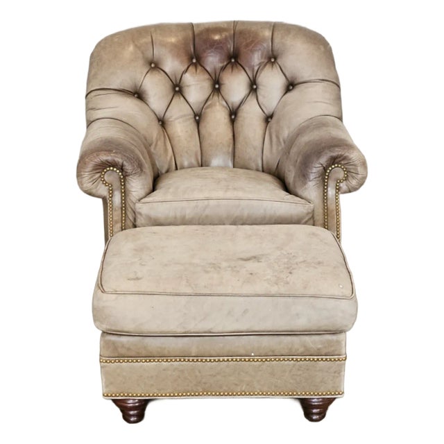 Hancock & Moore Tufted Tan Leather Club Chair Arm Chair W Match Ottoman For Sale