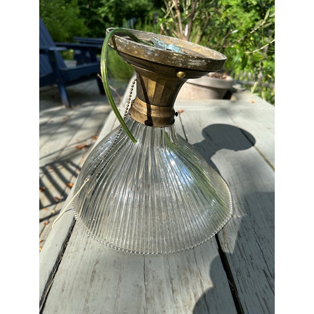 American Vintage Cast Brass Flushmount Fixture With Asymmetrical Holophane Shade For Sale - Image 3 of 7