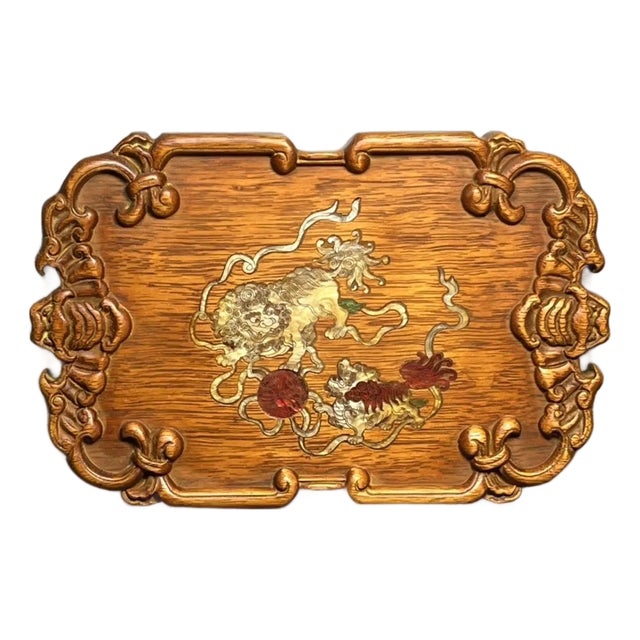Chinese Wood Carving Plate With Shell Engraving Lions Decoration For Sale