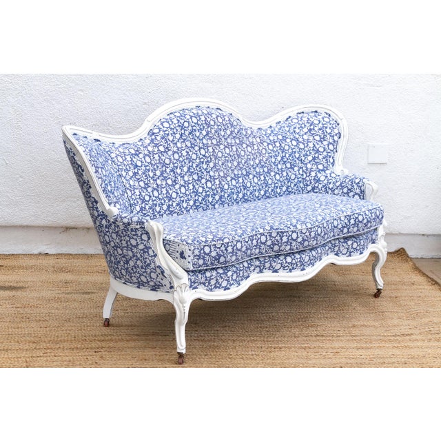 Blue Antique English Floral Block Print Settee Bench For Sale - Image 8 of 12