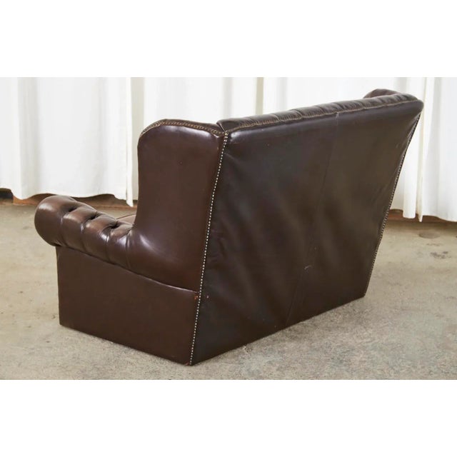 Coffee English Thomas Lloyd Cigar Leather Wingback Chesterfield Settee For Sale - Image 8 of 13