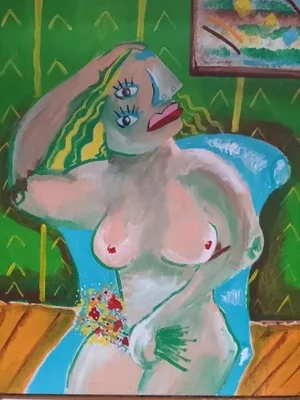 Contemporary Abstract Cubist Style Figurative “Nude Holding Flowers” Oil Painting Signed by Joe Monroe