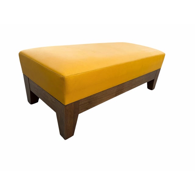 Vintage Philippe Hurel Paris Yellow Leather Upholstered Luxury Bench Read Light Cosmetic Wear on Top See Pics 48x21.5x17in For Sale - Image 4 of 8
