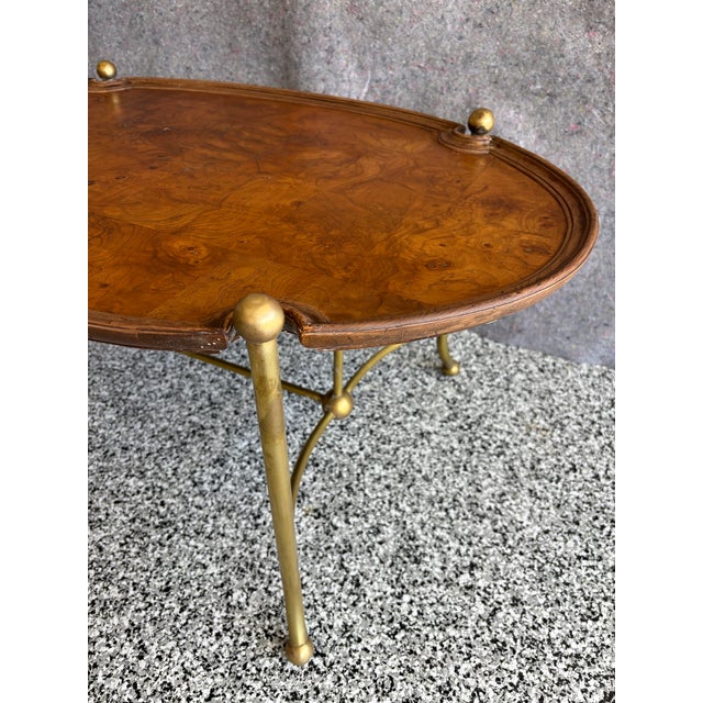 Wood Late 20th Century Mid-Century Brass & Patch Burl Wood Top Oval Table For Sale - Image 7 of 12