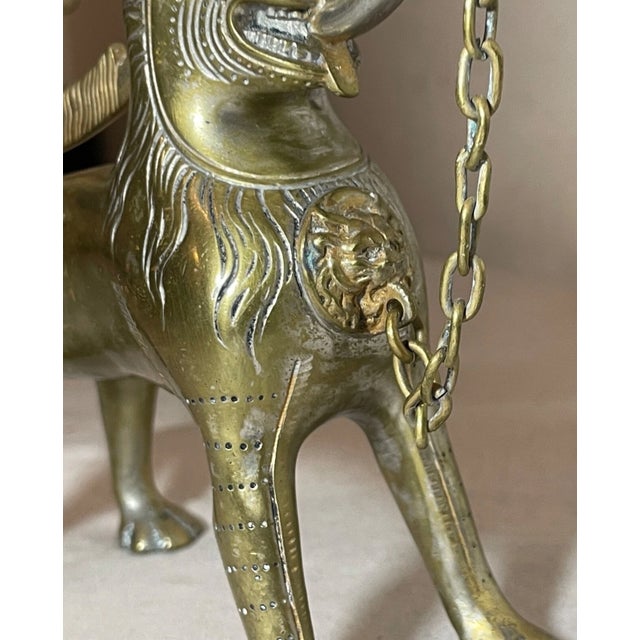 Figurative Antique 1800's Bronze Brass Aquamanile Lion Oil Lamp Lighter Temple Lion Statue For Sale - Image 3 of 14