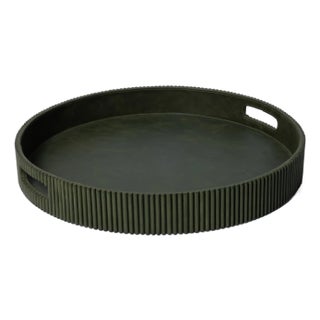 Round Fluted Green Leather Tray, 20" For Sale