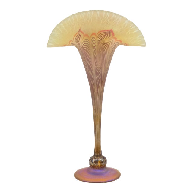 Vandermark Glass Studio Art Nouveau Iridescent Glass Fan Vase For Sale