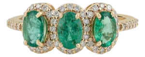 1.35ct Emerald Diamond Three-Stone Art Deco Ring Size 4 in 18k Yellow Gold
