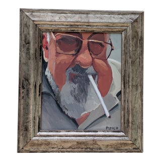 Framed Oil Portrait Bearded Man Smoking - Signed Pipold - Oil on Board 14x17 For Sale