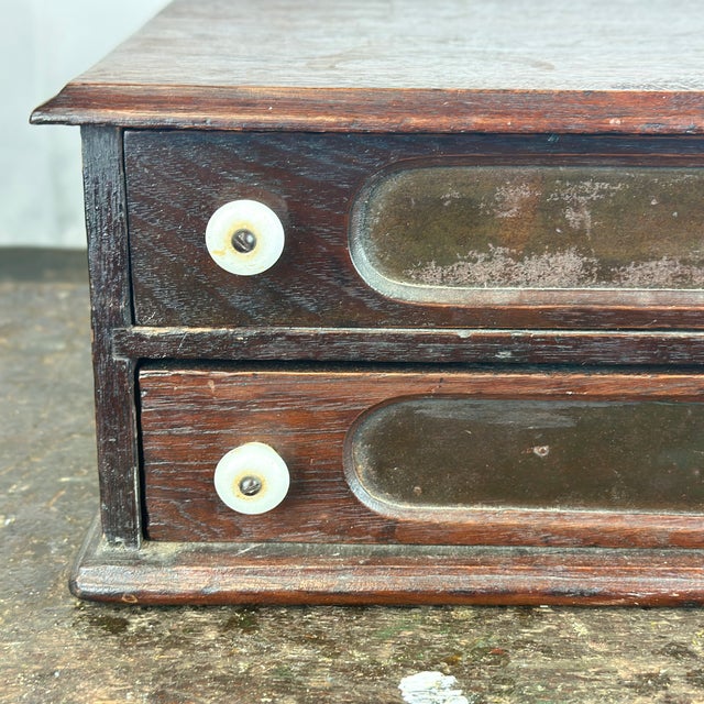Antique Walnut Spool Cabinet With Two Drawers Flat top surface measuring 14x17.7 inches One drawer is divided and the...