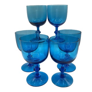 Vintage Carlo Moretti Italy Blue Clear Glass Wine Glasses Goblets - Set of 6 For Sale
