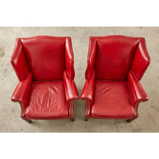 English Style Ruby Red Leather Wingback Chairs a Pair Chairish