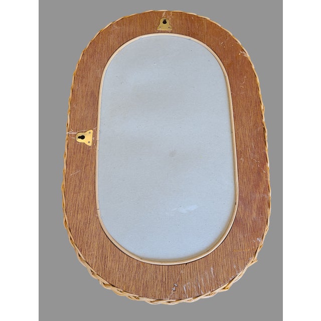 Wood Vintage Coastal Tropical Boho Natural Wicker Rattan Wall Mirror Decor Oval For Sale - Image 7 of 8