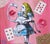 This collage depicts a whimsical interpretation of Alice, cradling a flamingo against a vibrant pink background adorned...