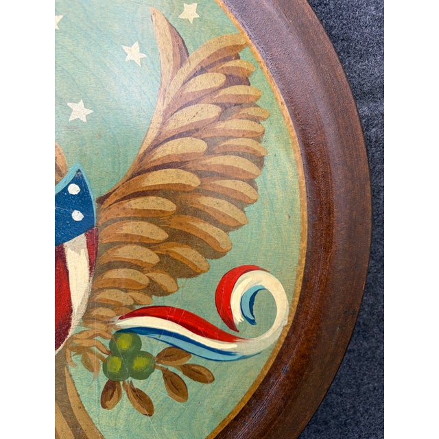 Mid 20th Century Vintage Round Wooden Hand Painted Eagle With Shield Wall Decor For Sale - Image 5 of 13