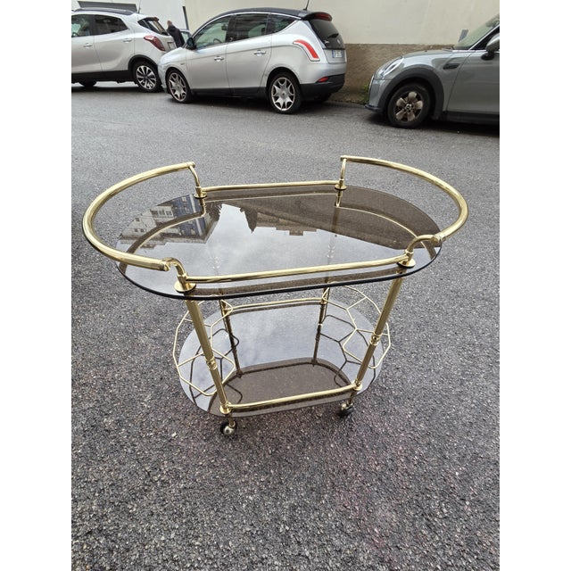 Metal Oval Bar Trolley in Smoked Glass and Brass, 1970s For Sale - Image 7 of 7