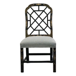 Kindel Furniture Black & Gold Chinese Chippendale Style Lattice Back Dining Side Chair For Sale