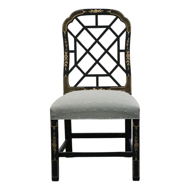 Kindel Furniture Black & Gold Chinese Chippendale Style Lattice Back Dining Side Chair For Sale