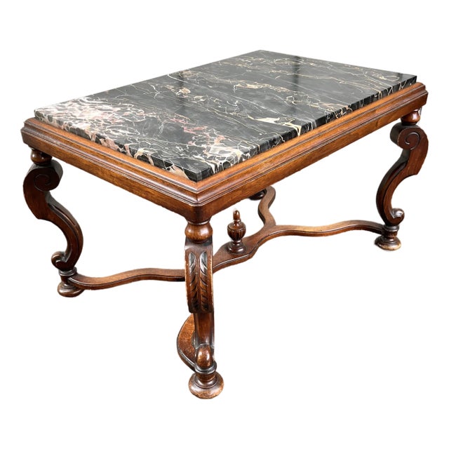 Antique Baroque Walnut Marble Top Small Coffee Side Table For Sale