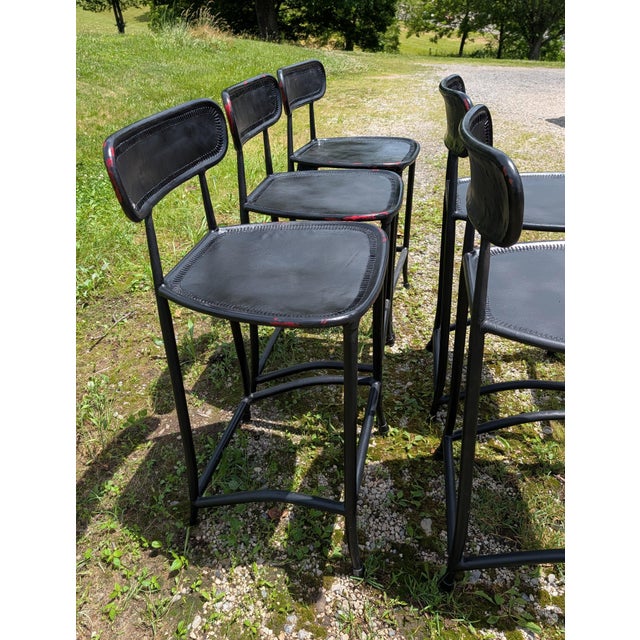 Vintage Set of 6 Black Leather Seats Bar Stools 1970s Mid Century Modern For Sale - Image 4 of 18