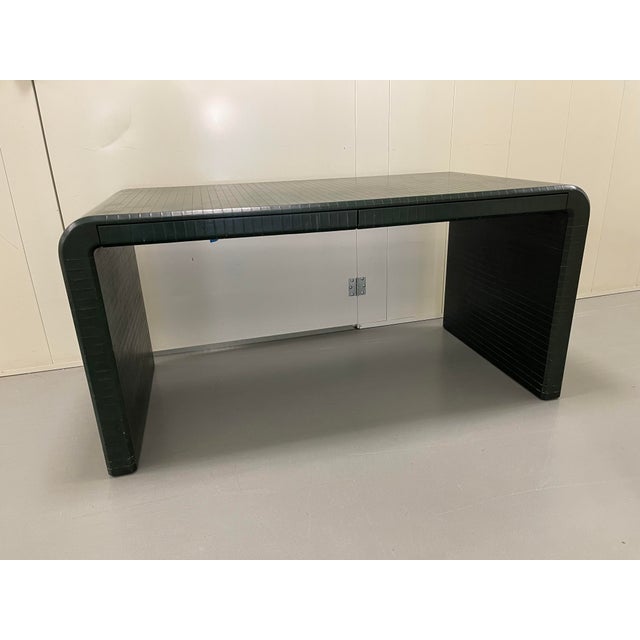 Karl Springer Signed Leather Wrapped Waterfall Desk For Sale - Image 9 of 12