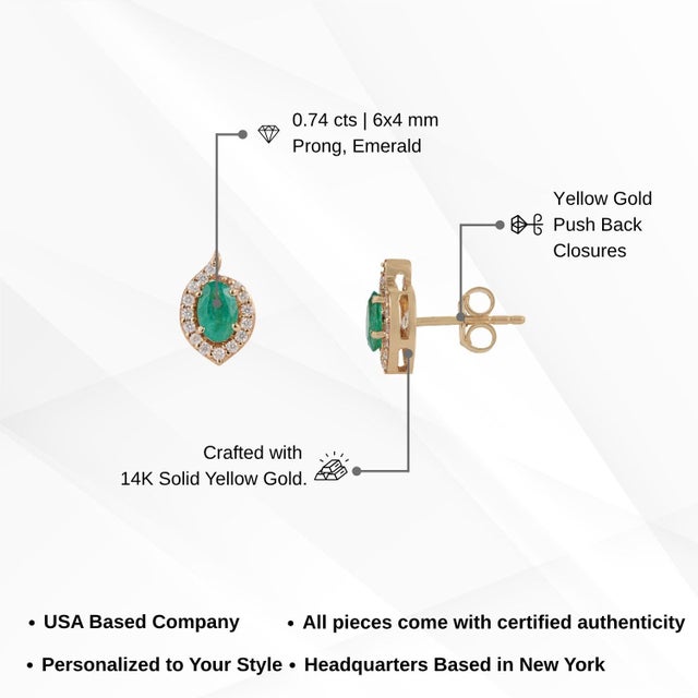VRJewels Natural Zambian Emerald Studs With Halo Diamonds in 14k Yellow Gold- A Pair For Sale - Image 12 of 16