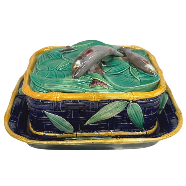 A Rare Victoria Pottery Company Majolica Sardine Box with five sardines on green glazed lotus pads and other foliage,...