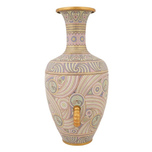 Metal Japanese Swirl Design Cloisonne Enamel Vase W Handles For Sale - Image 7 of 8