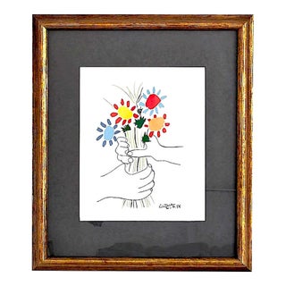 Vintage 1970s Framed Pablo Picasso Print, "Fleurs Et Main" For Sale