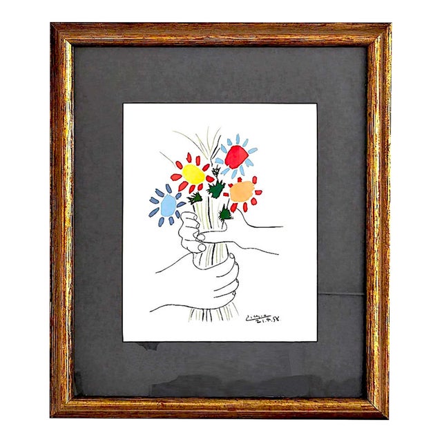 Vintage 1970s Framed Pablo Picasso Print, "Fleurs Et Main" For Sale