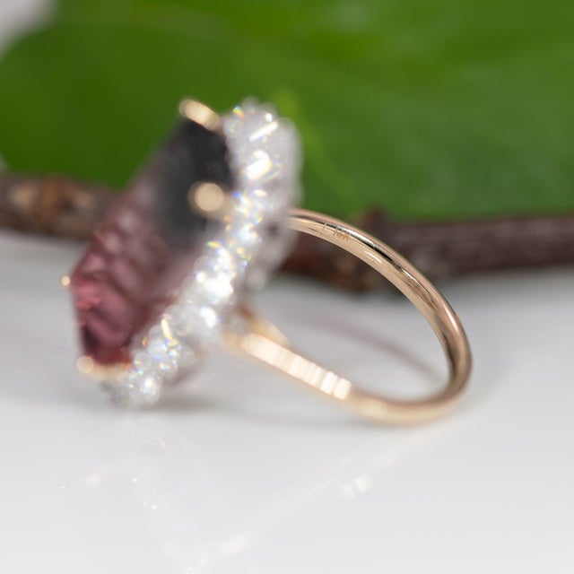 10Ct Bi-Color Tourmaline Ring With Lab Diamond Accents: Solid 14k Gold, 17x10mm, Size 6.75 For Sale - Image 9 of 9