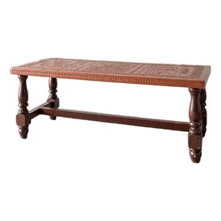 1970s Midcentury Peruvian Hand Tooled Leather Coffee Table /Bench For Sale