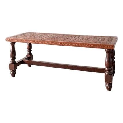 1970s Midcentury Peruvian Hand Tooled Leather Coffee Table /Bench For Sale