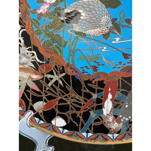 Black Meiji Japanese Cloisonne Enamel Charger With Crab, Fish, and Marine Life in Net For Sale - Image 8 of 12