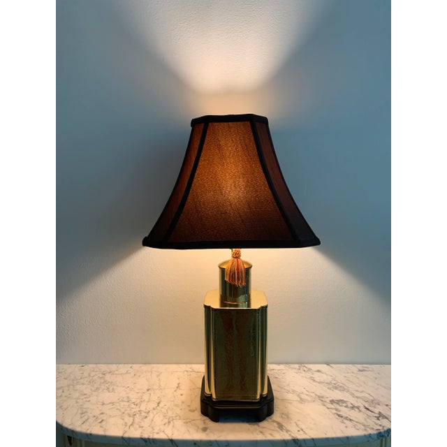 Wood Vintage Chinoiserie Brass Tea Canister Table Lamp and Lampshade For Sale - Image 7 of 13