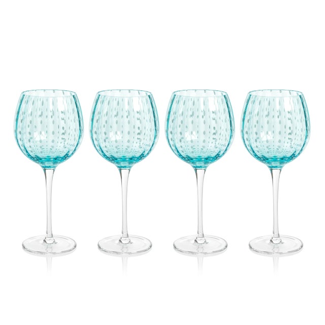 Pescara White Dot Wine Glasses - Aqua Blue, Set of 4 For Sale - Image 4 of 4