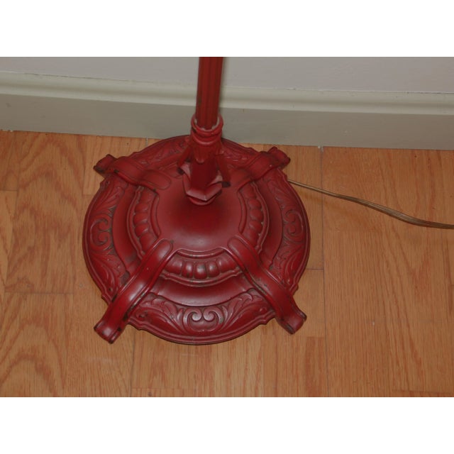 Antique Art Nouveau Cast Iron Bridge Floor Lamp Red Arched Light With Shade For Sale In Boston - Image 6 of 12
