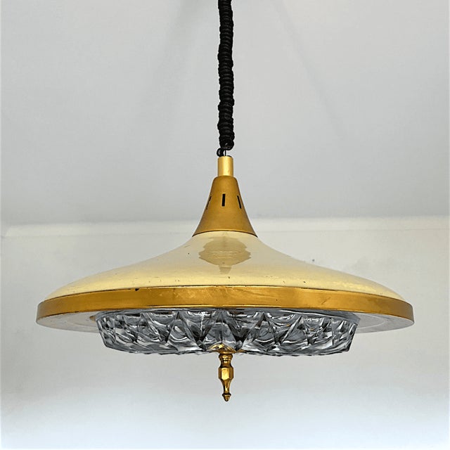 Mid-Century Modern Retractable Metal and Pressed Glass Pull Down Pendant Lamp, 1960s For Sale - Image 16 of 16