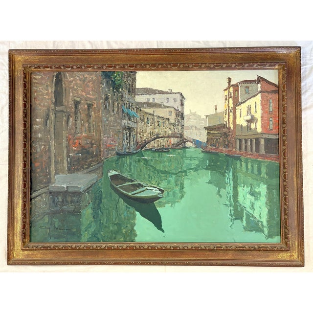 Large Vintage Signed and Framed Painting on Canvas of Venice Canal For Sale - Image 9 of 17