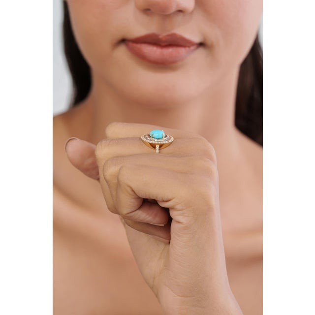 Turquoise Art Deco Revival 1.52ct Round Turquoise & Diamond Halo Ring Size 4 in 14k Yellow Gold For Sale - Image 8 of 17