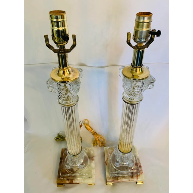 Mid 20th Century Corinthian Column-Style Marble, Glass & Brass Table Lamps - a Pair For Sale - Image 9 of 13