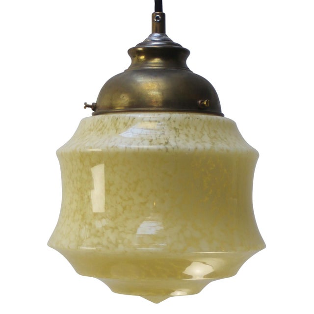French Art Deco Yellow Reeded Clichy Glass Pendant Lamp For Sale - Image 6 of 6